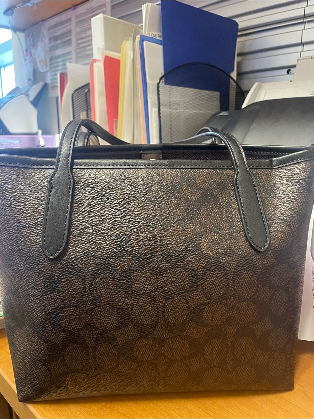 Coach Brown Signature Canvas Tote with Black Leather Trim and Gold Hardware - Picture 2 of 5
